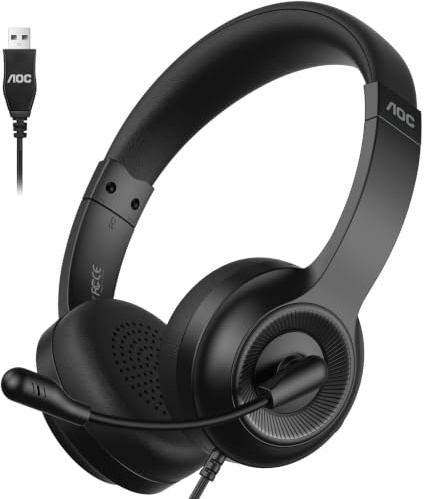 AOC Headset mit Mikrofon, Kabelgebundene On-Ear PC-Headsets mit Geräuschunterdrückung, 40mm Treiber, PC Headset für Computer, Laptop, Home-Office, Callcenter, Teams, Zoom