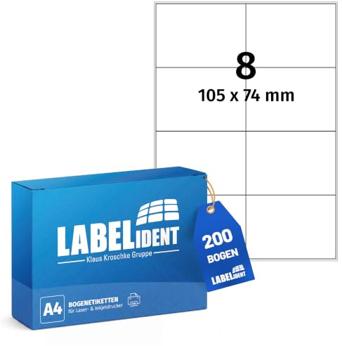 Labelident Laser-Etiketten 105 x 74 mm weiß - 8 Etiketten pro A4-Bogen - 1.600 Etiketten (200 DIN A4 Bögen) geeignet für Laser- & Inkjetdrucker