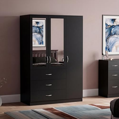Vida Designs Riano 3 Door 3 Drawer Mirrored Wardrobe | Black | Bedroom Furniture | 175H x 116W x 54D cm | With Storage Shelf & Hanging Rail | Large Capacity Storage