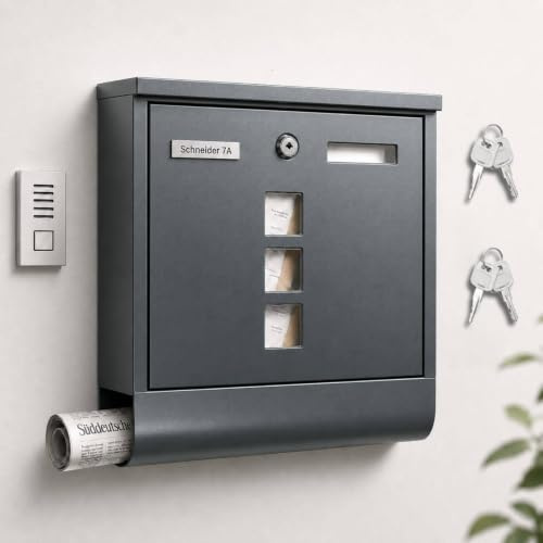 Zedelmaier Personalisierter Briefkasten mit Zeitungsfach Postkasten | Anthrazit Wandbriefkasten mit 4 Schlüsseln und 3 Sichtfenster | Small Mailbox passend für C5 Umschläge