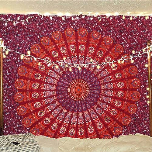 Bless International Handgefertigte indische Mandala-Wanddeko, Boho-Design, psychedelisch, Pfauen, Stranddecke, Tischdecke, Bettüberwurf, Tapisserie, Doppelbett-Größe (Queen), 215 x 230 cm, Blau/Rot