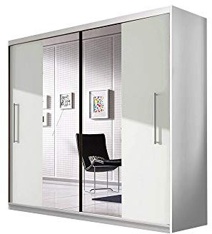 E-MEUBLES Armoire met Miroir Nico 203 cm met 2 Portes coulissantes avec Tringle – Garde-Robe avec Grand Espace de Rangement – Design Moderne pour Chambre et Couloir (Blanc)