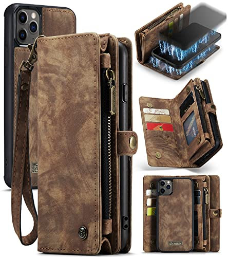 UFinetech Detachable Coque iPhone 11 Pro Max Portefeuille 2020 Portable Design Cuir TPU Bumper Carte Fine Luxe Magnétique Flip Fermeture éclair Cordon 2 en 1 Etui iPhone 11 Pro Max Femme Homme Marron