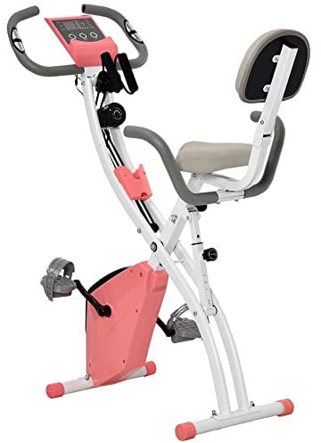 HOMCOM Vélo d'appartement pliable, vélo d'exercice, home traîner pour adultes, 8 niveaux de résistance magnétique, capteurs pouls main, écran LCD multifonction, selle réglable, acier, rose, blanc