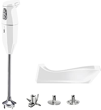 bamix Stabmixer Set cordless PRO kabellos, extra lange Achse, inkl. Messer, Quirl, Schlagscheibe aus Edelstahl, 250 Watt, 3-Stufen, Made in Switzerland, Weiß