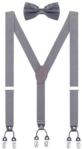 WANYING Herren Y-Form 6 Clips Hosenträger & Fliegen 2 in 1 Set|3,5cm Breit Verlängerte Hosenträger für Körpergröße 170-200cm - Einfarbig Kariert Dunkelgrau
