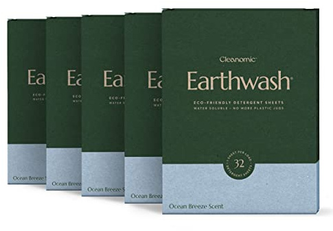 Earthwash Cleanomic - Láminas de detergente para ropa (hasta 320 cargas), 160 tiras desinfectantes sostenibles Ocean Breeze, ideal para viajes y hogar sin líquidos