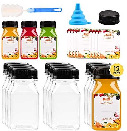 12pcs 4oz Mini Plastic Juice Bottles with Caps for Juicing & Smoothies, Reusable Empty Clear Bottles with Label, Funnel and Brush, Bulk Beverage Drink Containers with Lids for Mini Fridge, Milk, Water