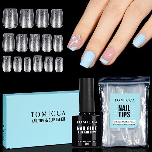 TOMICCA Coffin Ultra Court Capsules Ongles avec Colle Kit, Full Cover Gel Tips & 8ML 4 en 1 Colle Faux Ongles, Transparent Faux Ongles pour Diy Nail Art, 150 Pièces 15 Tailles