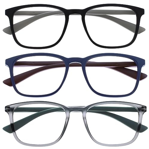OPULIZE Max Lesebrille 3er Pack - Klassische große rechteckige Fassung - Brillen in mattem Schwarz, Blau und Grau - Herren Damen Unisex - RRR78-137 - +1,50
