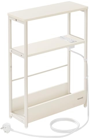 VASAGLE Slim Side Table with Charging Station, 3-Tier Narrow Bedside Table, End Table for Small Spaces, Magazine Rack, for Living Room, Bedroom, Study, Cream White LET335W03