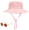 PSOWQ 1 Stück Baby Sonnenhut und Sonnenbrille,UV-Schutz UPF 50+ und Sonnenschutz Sommer Bucket Hat,Breite Krempe Fischerhut Kinder mit Verstellbarem Kinnriemen,Strandhut für Mädchen,Junge - Rosa
