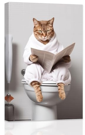 ZXHYWYM Cat Bathroom Wall Art Cat on Toilet Picture Cute Cat Bath Poster Funny Bathroom Signs with Animals Modern WC Restroom Washroom Lavatory Decor (A, (30.00 x 45.00 cms))