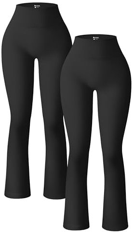 OQQ 2-teilige Yoga Hose für Damen Gerippt Nahtlos Workout Hohe Taille Glockenhose Ausgestellte Leggings Schwarz Schwarz