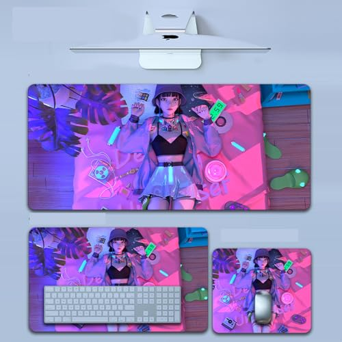 Work, Gaming-Mauspad, XL (80 x 30 cm), erweitertes großes Mauspad, Schreibtischunterlage, genähte Kanten, rutschfeste Gummiunterseite, Tastatur-Pad (30 x 80 cm) (Cyber Girl)