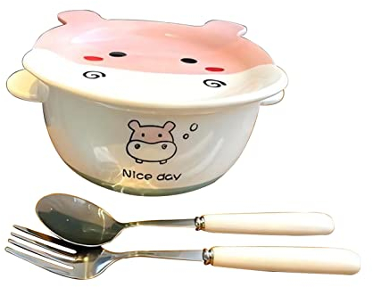 Schüssel mit Griff, Keramik-Suppenschüssel, Mehrzweckschüssel, Keramik-Ramen-Schüssel mit Deckel, Gabel, Löffel, Mikrowelle, spülmaschinenfestes Geschirr, Servierschüssel, groß (Farbe: Ente, Schüssel