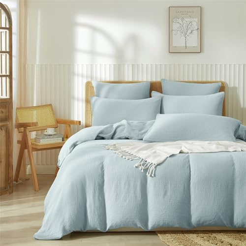 Boqingzhu Doppelte Muslin Bettwäsche Blau 135x200cm Baumwolle Weich Kuschelig Sommer Baumwollbettwäsche Set Leinen Hellblau Himmelblau Bettbezug 135x200cm und Kissenbezug 80x80cm mit Reißverschluss