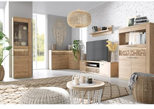 Lomadox Wohnzimmermöbel Set 5-teilig in Eiche, ohne Beleuchtung inkl. Vitrine, Eckkommode, TV-Lowboard, Wandboard, Highboard
