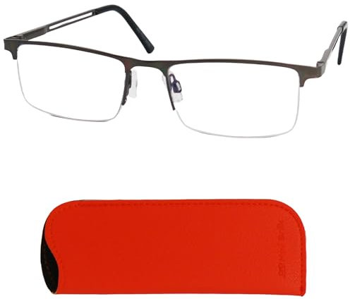 Mini Brille Metall Lesebrille Halbrand unten mit rechteckigen Gläsern und Etui, Edelstahl Brillengestell (Graphit), Lesehilfe Herren und Damen 1.5 Dioptrien