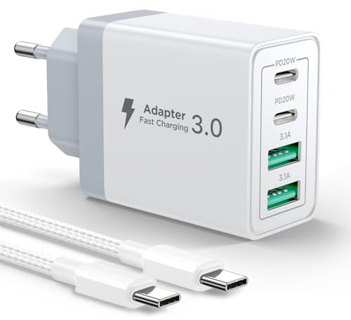 Caricatore USB C Rapido Caricabatterie 40W 4Porto Presa Caricatore USB Multiplo Carica Cellulare Spina Adattatore Alimentatore con 2M Cavo USB C per iPhone 16 15 14 13 12 Pro Max Plus Samsung S24 S23