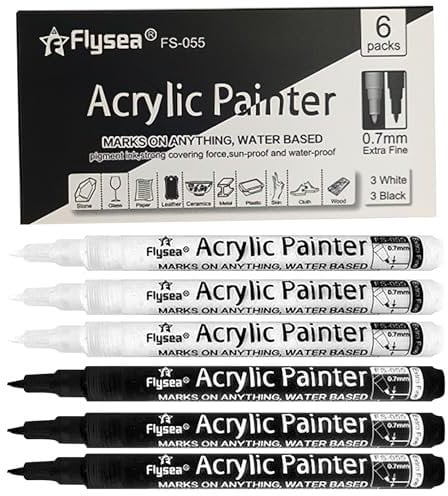 6Pcs Acrylic Paint Pens – White & Black Permanent Markers with 0.7mm Extra Fine Point – Waterproof Art Pens for Stones, Canvas, Fabric, Wood, Metal, & DIY Painting