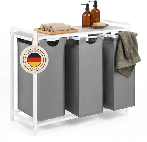 Blumtal Wäschesammler 3 Fächer Grau - Wäschekorb mit Ablage in Beton-Optik - Wäscheschrank mit Metall-Rahmen in Weiß - Wäschekorb mit Beinen - Wäschetrenner 3 Fächer - Laundry Hamper