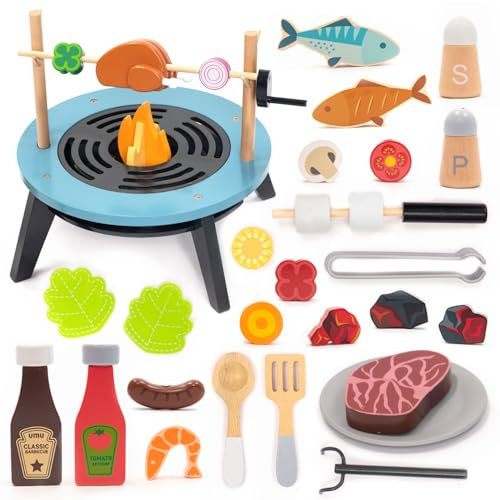 UMU® Set per barbecue in legno per bambini, set da 45 pezzi, con barbecue, carne, verdure, pesce, marshmallow e accessori, giocattolo da cucina a partire dai 3 anni in su