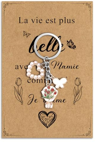 JIOMULIG Mamie Cadeau Idee Cadeau Fête des Grands-Mères Anniversaire Noël Nouvel An Pâques Retraite Annonce Grossesse pour Mamie Grands-Mères Personnalisé Porte-clés avec Carte
