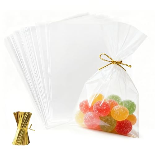 Realjoy 120 genomskinliga plastpåsar, 13 x 18 cm, godispåsar med 200 metallband, för godis, choklad, kex och presenter