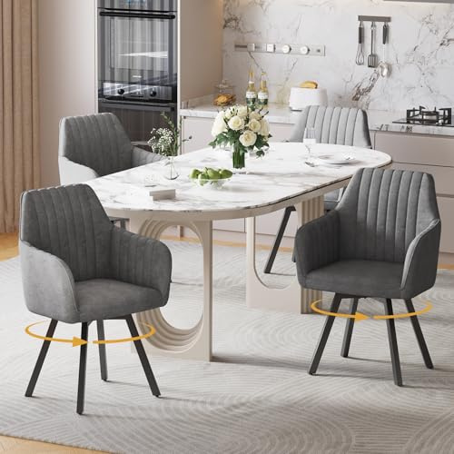 Ckaff Esszimmerstühle Drehbar mit Armlehne 4er Set, 360°Drehbar Polsterstuhl Küchenstuhl aus Samt, Stühle Esszimmer Schminkstuhl mit Metallbeine und Rückenlehne für Esszimmer Schlafzimmer, Dunkelgrau