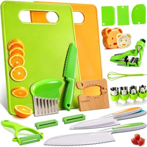 Goodchef Kindermesser, 21-teiliges Montessori Küchenset | Kindersicheres Lernmesser für Kinder, Kinder Schneideset, Spielküche Zubehör, Geschenk für kleine Küchenhelfer (Krokodil)