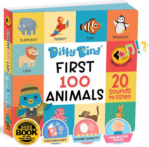 Ditty Bird Livres Parlants: 100 Animaux, 100 Mots. Livres Cartonnés interactifs pour bébés (1-3 Ans) avec Belles Illustrations et sonorités résistantes.