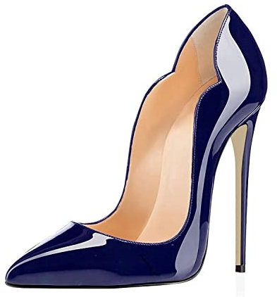 EDEFS Women Patent Leather Slip On Pumps Pointed Toe Flower Heels 3.5 Inches Stiletto High Heel for Weddings Gala Party Marina Militare EU40