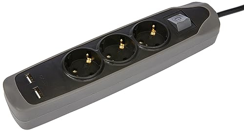 Electraline 62150 Gummy-Line Steckdosenleiste 3-Fach mit Schalter + 2 USB 2.1A, Kabel 2m / Mehrfachsteckdose/Tischsteckdose Steckerleiste, Extra Flacher Stecker, grau