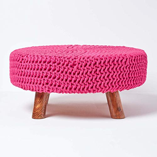 HOMESCAPES Hot Pink Knitted Pouffe Footstool Occasional Seat 100% Cotton for Living Room Children or the Elderly