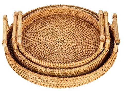 Sziqiqi Rattan Serviertablett mit Griffen 3er-Set Handgewebtes Wicker-Tablett Rattan-Tablett Rustikales dekoratives Tablett für Frühstück, Getränke, Snacks, Brot für die Couchtisch-Bar Dinnerpartys