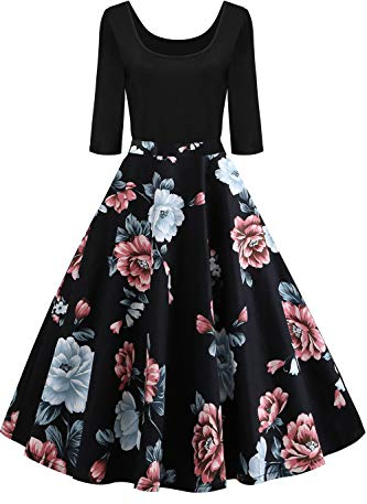 AXOE Damen Rockabilly Kleid Langarm 60er Jahre mit Blumenmuster Partykleid Farbe 6B, Gr.42, XL