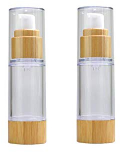 VASANA 2PCS Airless Pump Bottles Empty Refillable Plastic Vacuum Emulsion Bottle Lotion Dispenser Cosmetics Vials Containers With Bamboo Pump Head For Cream Essential Oils Liquid Cleanser Shower Gel