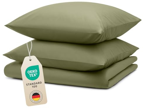 Blumtal Bettwäsche 240x220cm + 2X 50x80cm Kopfkissenbezug - Oeko-TEX zert. Mikrofaser Bettwäsche Set - Mikrofaser Bettbezug 95 °C - Deckenbezug + Kissenbezug 3-teilig - Duvet Cover Light Olive Grün