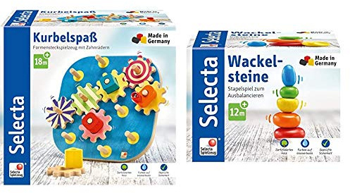 Selecta 62011 Kurbelspaß, Motorikspielzeug aus Holz, 20, 5 cm & 62009 Wackelsteine, Stapelspielzeug aus Holz, 6 cm