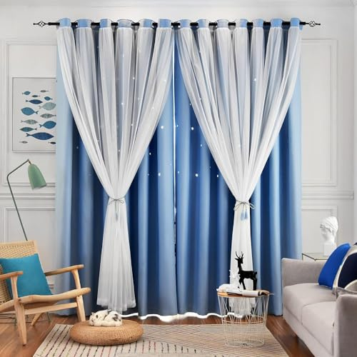 Loyala Sternvorhänge für Wohnzimmer-Vorhänge für Schlafzimmer, Verdunkelungsvorhänge für Schlafzimmer, Kindervorhänge, doppellagige Vorhänge, Vorhänge, 244 cm lang, Blaue Vorhänge, 132x244 cm