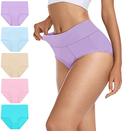 VIVISOO Damen Stretch Baumwolle Unterwäsche Hohe Taille Höschen Weich Atmungsaktiv Slips 5er Pack, Solide, hell, M