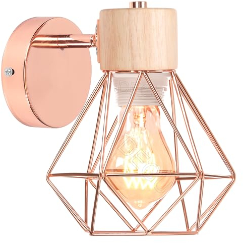 iDEGU Vintage Wandlampe 16CM Wandleuchte Industrial Design Geometrischem Käfig Lampenschirm Retro Lampe aus Holz Eisen Verstellbare Deckenleuchte Wandleuchte für Flur Wohnzimmer Küche(Typ-B Roségold)