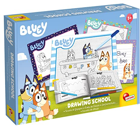 Lisciani - BLUEY: Escuela de Colorear y Dibujar - Kit Creativo - 4 Pizarras Negras y Pegatinas - Listo para la Aventura - Desde 3 años en adelante - Fabricado en Italia