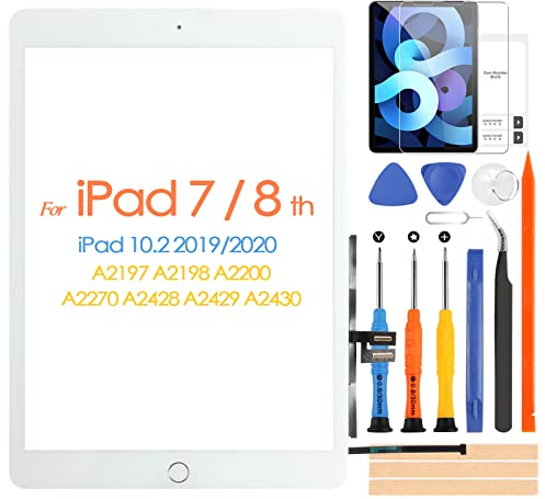 per iPad 7 2019 iPad 8 2020 Touchscreen 10.2 Digitizer Schermo per iPad7 iPad8 Touch Screen Sostituzione per iPad A2197 A2198 A2200 A2270 A2428 A2429 A2430 con Home Buttone & Riparazione Kit (Bianco)