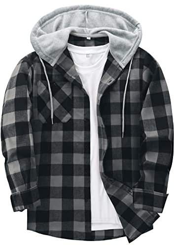 JACKETOWN Men's Plaid Shirts Casual Sweatshirt Hoodie Long Sleeve Shirt with Pocket Button Down Checked Shirt Flannel Regular Fit 4 Seasons Lumberjack Shirts White