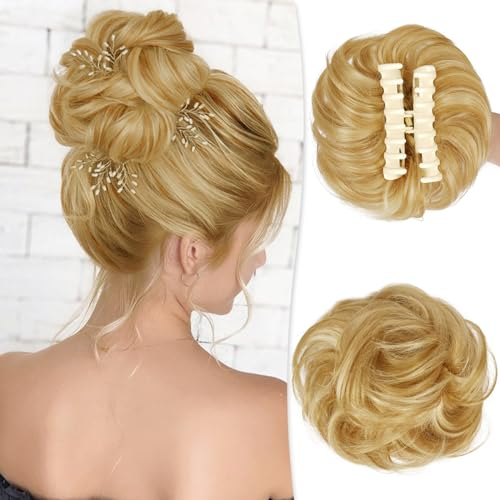 RUWISS Krallen Clip Messy Bun Haarteil Echthaar Wellig Lockig Chigno Haardutt Haarverlängerung Hochsteckfrisur Clip in Claw Haar Scrunchies für Damen(Helles Goldblond mit Bleichblonden Strähnchen)