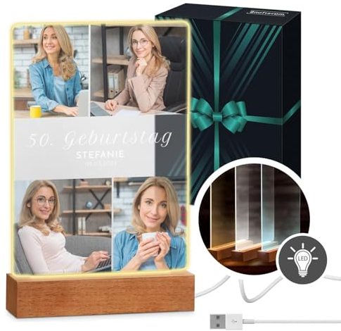 Maverton beleuchteter LED-Rahmen mit eigenem Foto - personalisiertes Acrylglasbild mit Holzständer mit LED-Beleuchtung - Glasfoto für Frauen zum Geburtstag - Größe: 15x24x4,5cm - Fotocollage