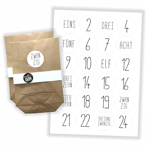 Watt n KRAM Adventskalender Aufkleber Papiertüten Set - 24 Etiketten weiß/nur Sticker