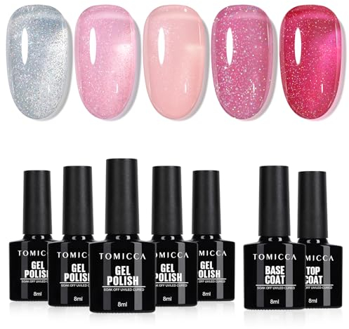 TOMICCA UV Nagellack Set, 5 Farben Gel Mit Base & No Wipe Top Coat, Glitter Silber Lila Rot Klar Glitzer Soak-Off UV/LED, Nailart Starter Kit Geschenk DIY Zu Hause, 7 x 8ml